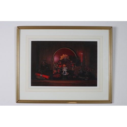 149 - JIM HARKIN
Still Life in Red
Watercolour
Signed and dated lower left
Image: 28cm (h) x 41cm (w) 
Fra... 