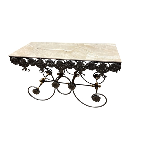 349 - A CONTINENTAL WROUGHT IRON, BRASS AND MARBLE CENTRE TABLE of rectangular outline the shaped marble t... 