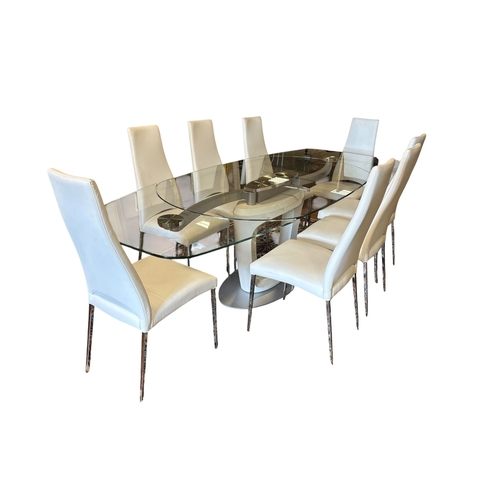 350 - AN ITALIAN DESGINER GLAZED AND CHROME NINE PIECE DINING ROOM SUITE comprising eight dining chairs ea... 