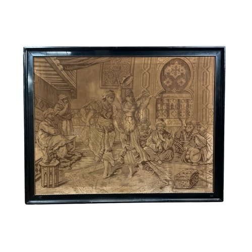 664 - A VINTAGE FRENCH TAPESTRY 
Interior Scene with Figures Dancing 
In an ebonised frame (AF)
124cm (h) ... 