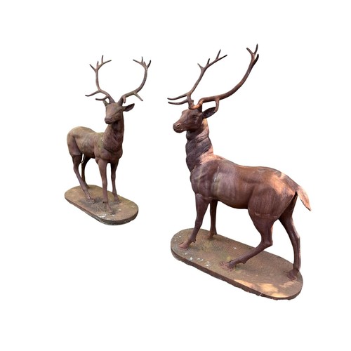 568 - A PAIR OF CAST IRON SCULPTURES each depicting a twelve prong stag stood in profile on elliptical bas... 