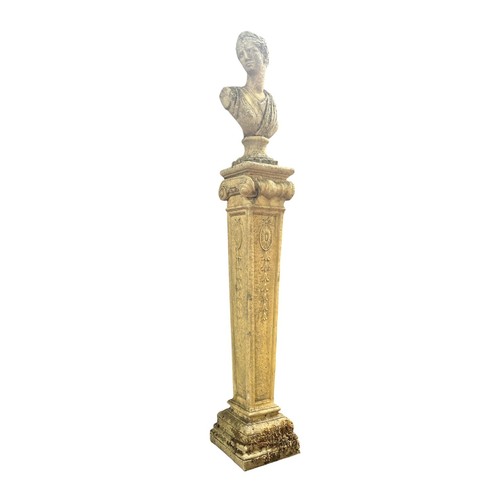 594 - AN ART NOUVEAU STYLE STONE COMPOSITE PLINTH with scrolling volutes, flowerhead medallions, ribbon ti... 