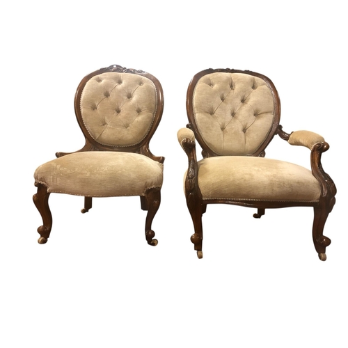 204 - A 19TH CENTURY CARVED MAHOGANY AND UPHOLSTERED LADY'S AND GENTLEMAN'S CHAIRS each with a foliate car... 