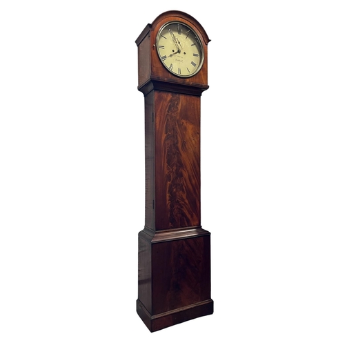 388 - A 19TH CENTURY MAHOGANY LONGCASE CLOCK the rectangular arched hood containing a painted dial with Ro... 