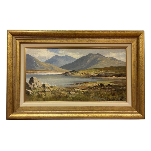 MAURICE CANNING WILKS, RHA, RUA (1910-1984)
Mountain Landscape with Figures
Oil on canvas 
Signed lower right 
Image: 39.5cm (h) x 75cm (w) 
Frame: 65.5cm (h) x 100.5cm (w)