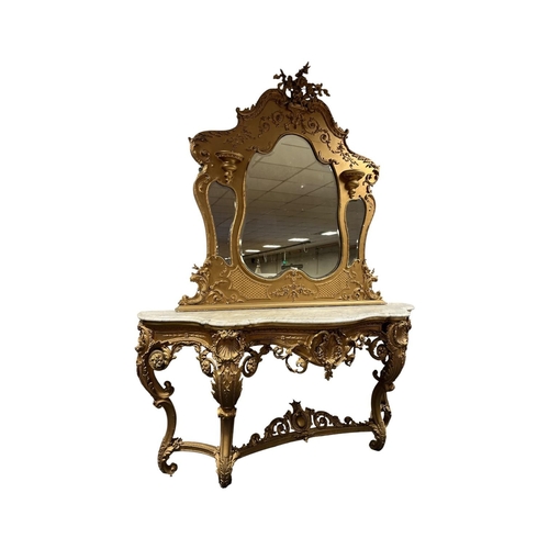 384 - A FRENCH ROCOCO STYLE CARVED GILTWOOD AND GESSO MIRROR BACK CONSOLE featuring splayed floral bouquet... 