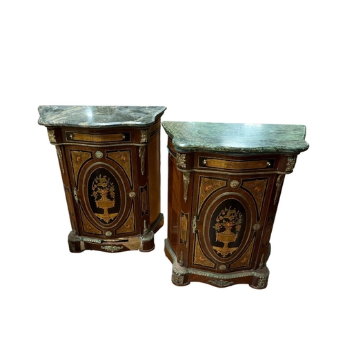 389 - A PAIR OF VINTAGE CONTINENTAL STYLE MARBLE TOPPED MARQUETRY SIDE CABINETS of serpentine outline with... 
