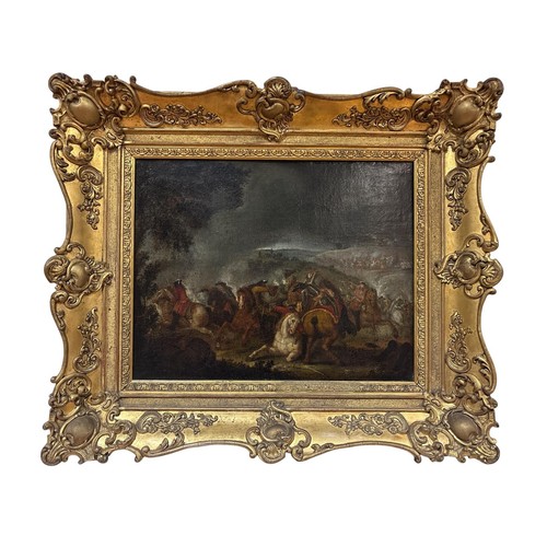 504 - JAN VAN HUCHTENBURG (1647-1733)
'A Cavalry Engagement' 
Oil on canvas
Titled to label verso 
Image: ... 