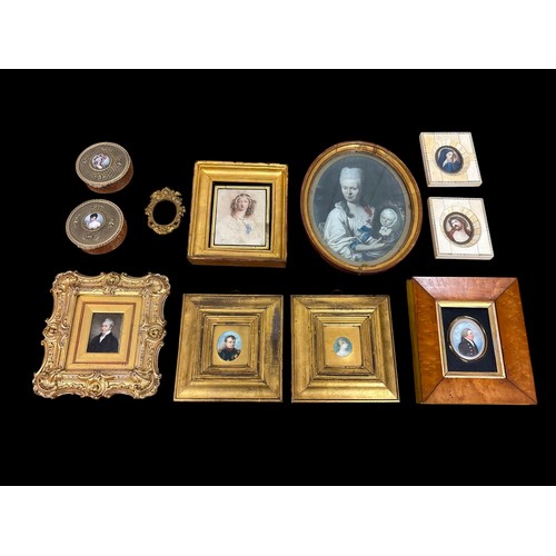 A COLLECTION OF PORTRAIT MINIATURES four framed examples inscribed verso one of which reading 'William Coppinger born 1720, died 1787' together with four other framed portraits, two gilt metal trinket boxes with portrait miniatures inset to lid and a small gilt brass frame with oval aperture