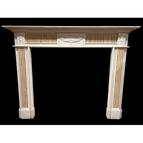 A REGENCY STYLE WHITE MARBLE AND SIENNA INLAID CHIMNEY PIECE the rectangular stepped shelf above an inlaid frieze centred by a Neo-Classical urn raised on stepped jabs 140cm (h) x 185cm (w) x 22cm (d)