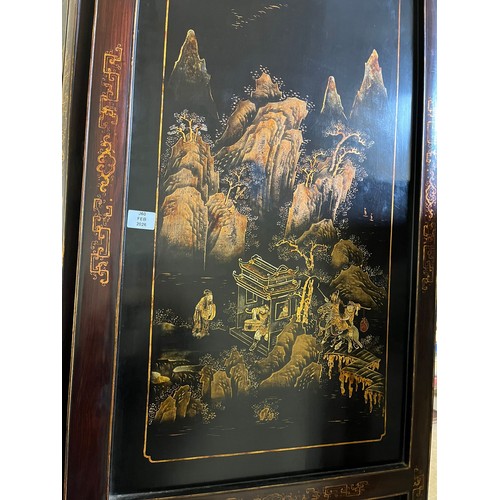 373 - A CHINESE LACQUERED BLACKWOOD FOUR FOLD SCREEN 19th century. Qing Dynasty. Solid top panels applied ... 