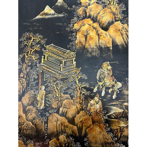 373 - A CHINESE LACQUERED BLACKWOOD FOUR FOLD SCREEN 19th century. Qing Dynasty. Solid top panels applied ... 
