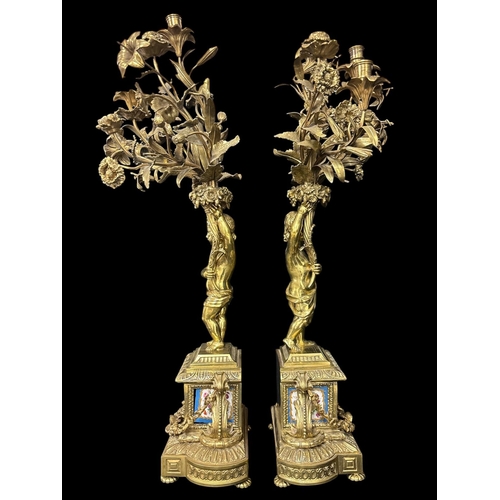 139 - A FINE PAIR OF 19TH CENTURY FRENCH GILT BRONZE, COPPER AND PORCELAIN FIVE LIGHT FIGURAL CANDELABRA e... 