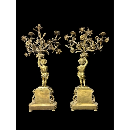 139 - A FINE PAIR OF 19TH CENTURY FRENCH GILT BRONZE, COPPER AND PORCELAIN FIVE LIGHT FIGURAL CANDELABRA e... 