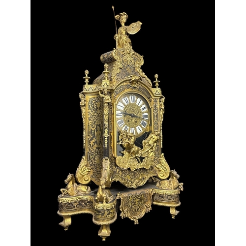 A LARGE 19TH CENTURY FRENCH BOULLE MANTEL CLOCK the case inlaid throughout with intricate brass marquetry surmounted by an ormolu figure of Athena atop a pediment further adorned by flamed finials and feminine masks over an arched door with glazed panel revealing an ornate dial with black and white enamel Roman numerals each outset corner mounted with caryatids and supported by equine figures atop the conforming base 101cm (h) x 60cm (w) x 26cm (d) (AF)