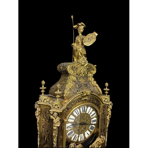 272 - A LARGE 19TH CENTURY FRENCH BOULLE MANTEL CLOCK the case inlaid throughout with intricate brass marq... 