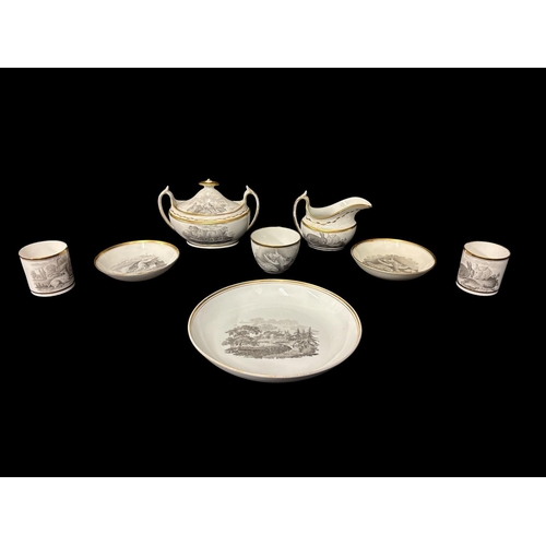 414 - A COLLECTION OF 19TH CENTURY SPODE BAT PRINTED 'PENCIL' PORCELAIN from the 557 pattern with scenes o... 