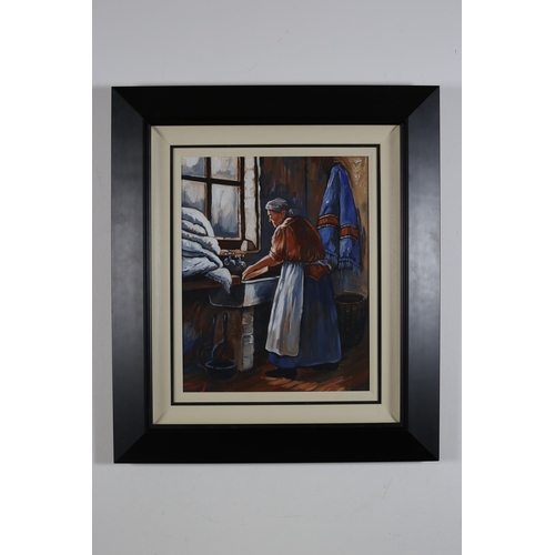 J.P. ROONEY 
Washing Up
Oil on board 
Signed lower left 
Image: 50cm (h) x 40cm (w) 
Frame: 78cm (h) x 68cm (w)