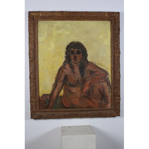 652 - STELLA STEYN (1907-1987)
Seated Nude 
Oil on canvas 
Image: 90cm (h) x 74cm (w) 
Frame: 107cm (h) x ... 