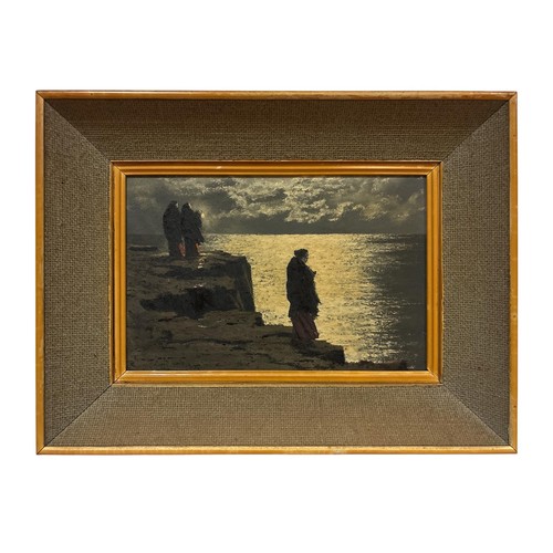 CIARAN CLEAR (1920-2000)
'Waiting'
Oil on board 
Signed lower left 
Signed and titled verso 
Image: 19cm (h) x 29cm (w) 
Frame: 32cm (h) x 42cm (w) (AF)