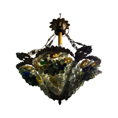 601 - AN ART NOUVEAU MURANO STYLE  GLASS AND ORMOLU CHANDELIER with handmade polychromatic grape and flora... 