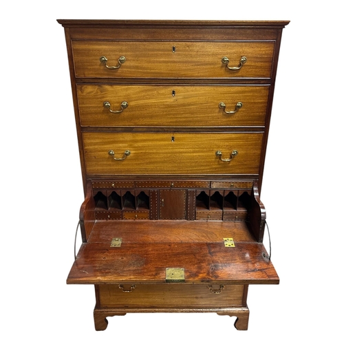 51 - A 19TH CENTURY BLONDE MAHOGANY SECRETAIRE TALLBOY the outset cornice above six graduated drawers wit... 