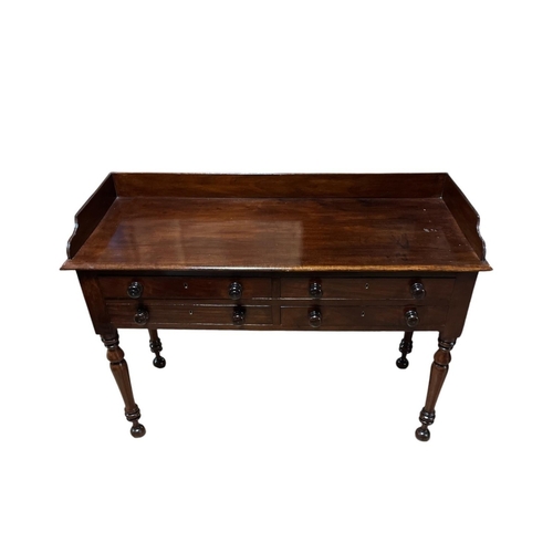 61 - A 19TH CENTURY MAHOGANY SIDE TABLE of rectangular outline the shaped top with three quarter gallery ... 