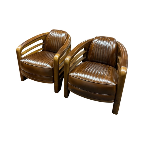 358 - A PAIR OF CHERRYWOOD AND HIDE UPHOLSTERED AVIATOR CLUB CHAIRS each with ribbed upholstery and open s... 