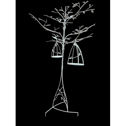 730 - A WROUGHT IRON CENTREPIECE in the form of a tree hung with two openwork bird feeders 240cm (h) x 126... 