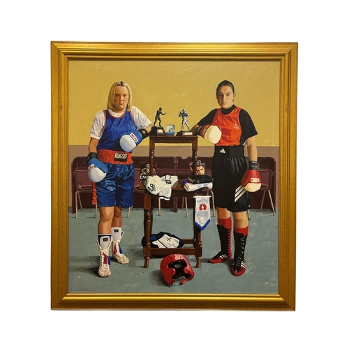 PAUL MACCORMAIC 
'The Ambassadors' 
Portrait of Katie Taylor and Alanna Audley-Murphy
after Holbien's The Ambassadors
Oil and acrylic on canvas
Image: 104.5cm (h) x 94.5cm (w) 
Frame: 121cm (h) x 111cm (w)
Provenance: from the artist's own studio