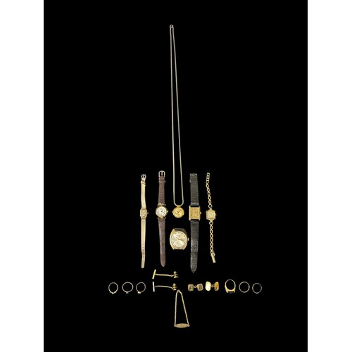 485F - A COLLECTION OF VINTAGE GOLD AND YELLOW METAL JEWELLERY AND WATCHES to include three gold rings with... 