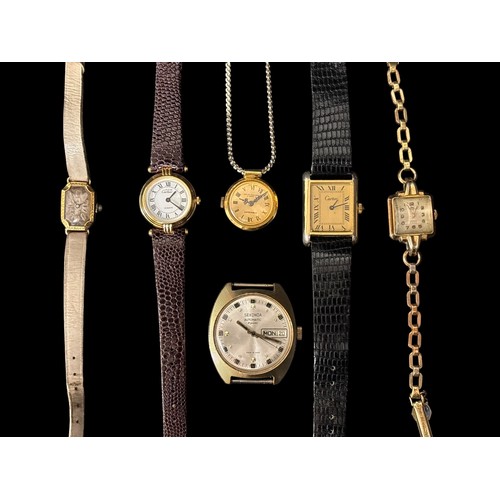485F - A COLLECTION OF VINTAGE GOLD AND YELLOW METAL JEWELLERY AND WATCHES to include three gold rings with... 