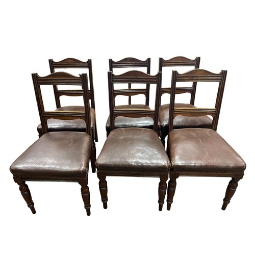 357 - A SET OF SIX EDWARDIAN MAHOGANY DINING CHAIRS each with a curved top rail and splat with upholstered... 