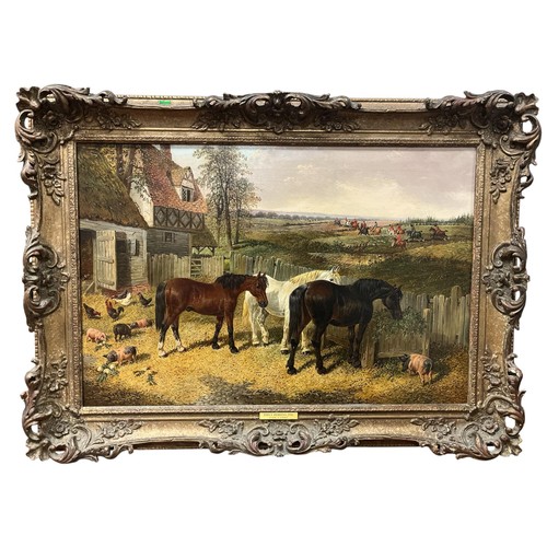 JOHN FREDERICK HERRING JNR. (1820 - 1907)
Stable Yard with Horses and Piglets and Hunting Scene Beyond
Oil on canvas
Signed "J. F. Herring" lower left 
Nameplate to frame reading "John F. Herring Jnr."
Image: 59cm (h) x 90cm (w) 
Frame: 90cm (h) x 120cm (w)