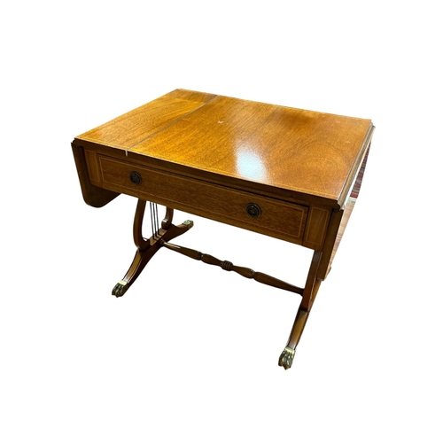 575 - A VINTAGE MAHOGANY DROP LEAF END TABLE the single frieze drawer on lyre side supports with baluster ... 