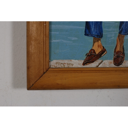 32 - PAUL MACCORMAIC
'The New Pier'
2 men at the sea, sunny day (1990)
Acrylic on board 
Initialled and d... 