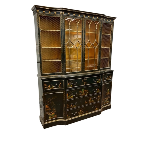 412 - A CHINESE BLACK LACQUERED AND POLYCHROME DISPLAY CABINET of rectangular shaped outline the dentil mo... 