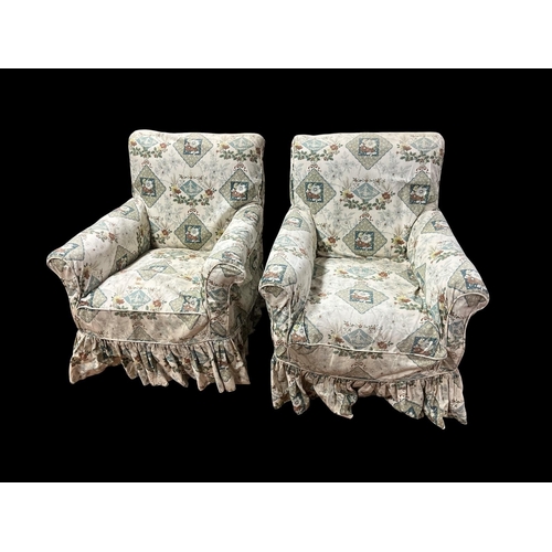 441 - A PAIR OF EDWARDIAN MAHOGANY AND UPHOLSTERED ARMCHAIRS with loose covers on square tapering legs wit... 