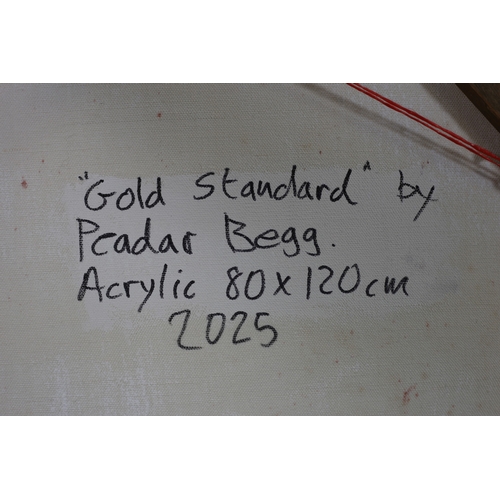 51 - PEADAR BEGG
'Gold Standard'
Acrylic 
Signed, titled and dated verso 
80cm (h) x 120cm (w)