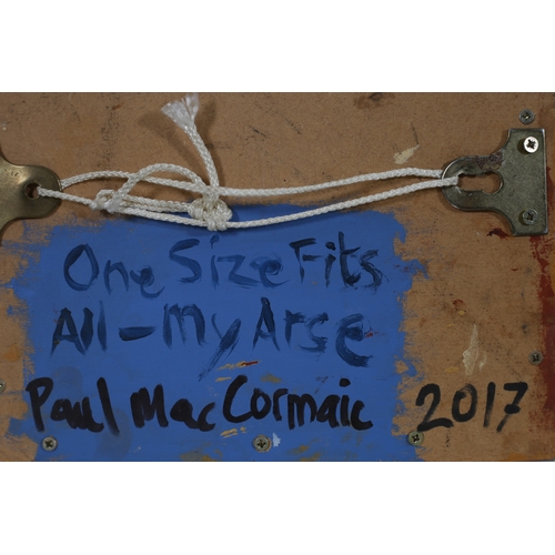 76 - PAUL MACCORMAIC 
'One size fits all, me arse'
Icon 
Acrylic on board
Signed, titled and dated verso ... 