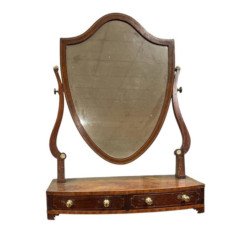 52 - AN EDWARDIAN SHERATON STYLE MAHOGANY AND SATINWOOD INLAID CRUTCH MIRROR the oval plate within a moul... 