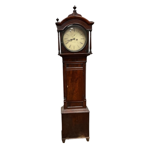 18 - A 19TH CENTURY MAHOGANY LONG CASED CLOCK the rectangular arched hood containing a white painted dial... 