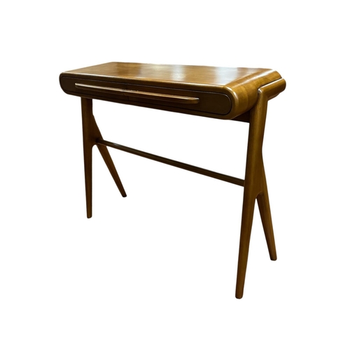 196 - A MID-CENTURY DESIGN WALNUT CONSOLE TABLE of rectangular shaped form with two frieze drawers raised ... 