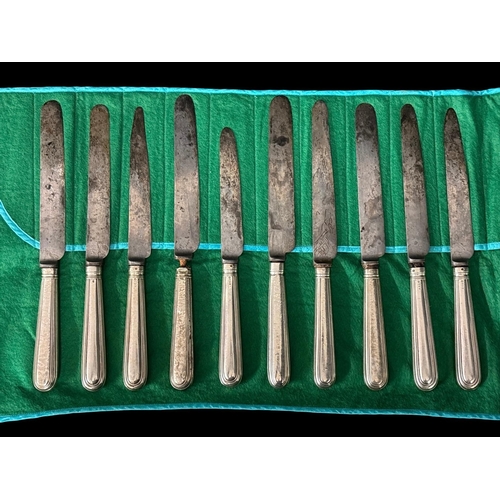 508 - A MATCHED SET OF TEN SILVER HANDLED KNIVES London 1866 (4) and marks rubbed (6) Total weight 954g (A... 