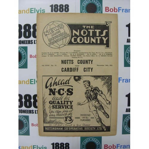 1166 - NOTTS COUNTY, 1951/1952, a football programme from the fixture versus Cardiff City, played on 24/11/... 