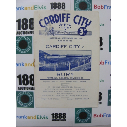 286 - CARDIFF CITY, 1950/1951, a football programme from the fixture versus Bury, played on 09/09/1950 (ru... 