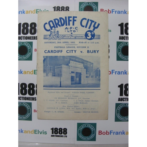 288 - CARDIFF CITY, 1951/1952, a football programme from the fixture versus Bury, played on 26/04/1952 (fo... 