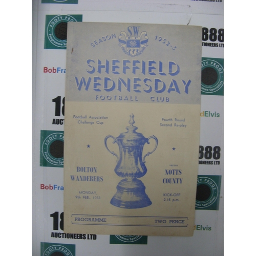 145 - AT SHEFFIELD WEDNESDAY, 1952/1953, a football programme from the game Bolton Wanderers versus Notts ... 