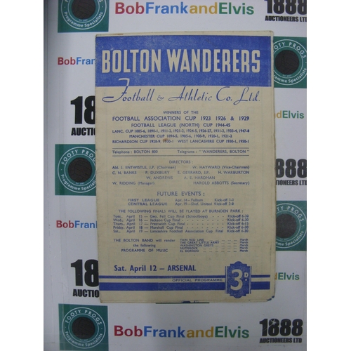 273 - BOLTON WANDERERS, 1951/1952, a football programme from the game versus Arsenal, played on 12/04/1952... 