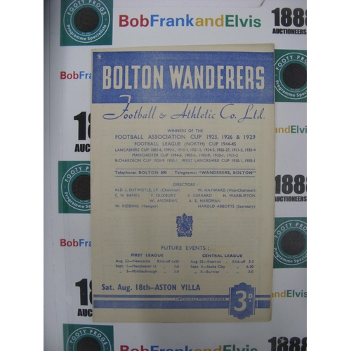 274 - BOLTON WANDERERS, 1951/1952, a football programme from the game versus Aston Villa, played on 18/08/... 